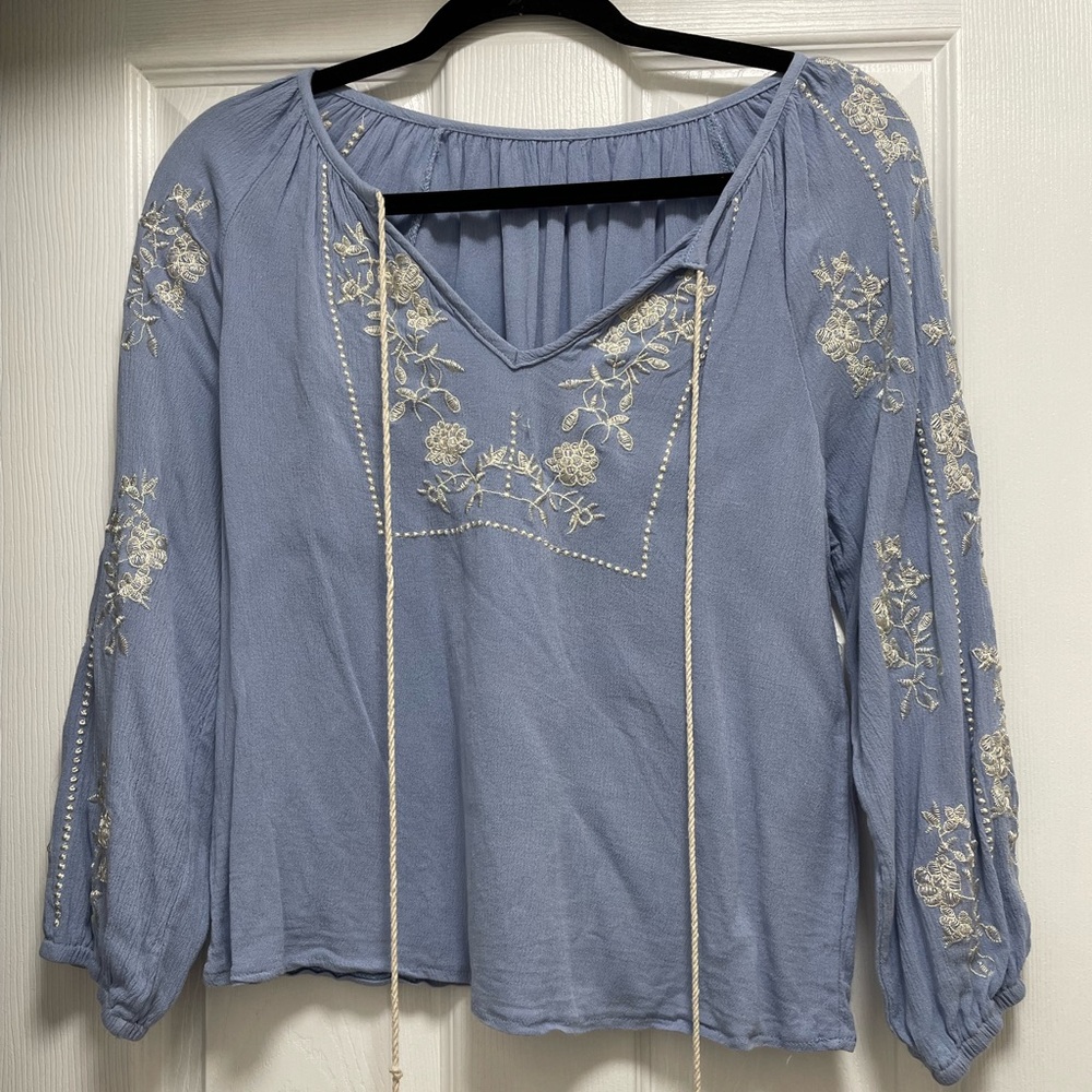 Embroidered Blue Peasant Top Ukrainian Style